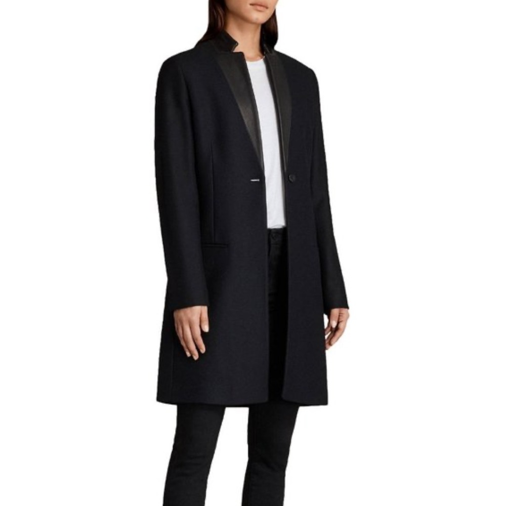 Wool Blend Black Long Coat with Leather Trim